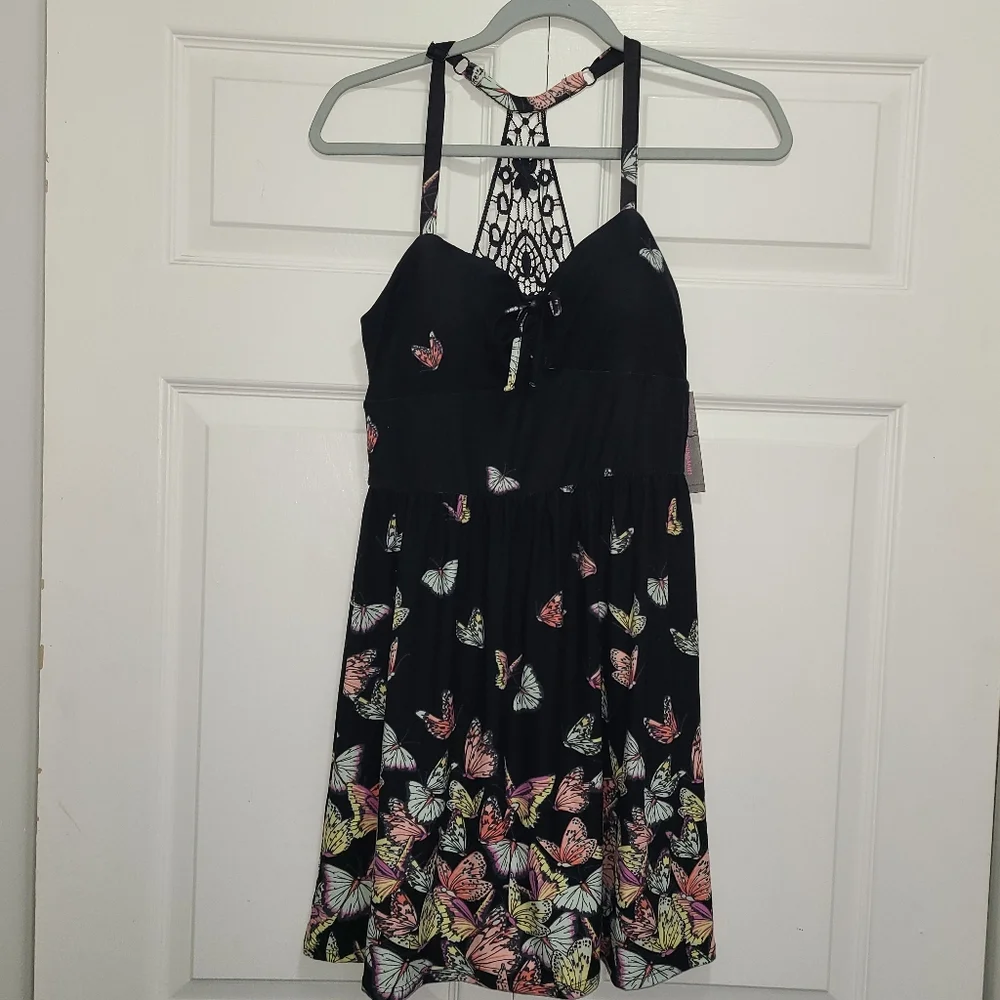 No Boundaries Black Butterfly Halter Sundress Cocktail NB Sweetheart Lace Back S - Picture 10 of 10